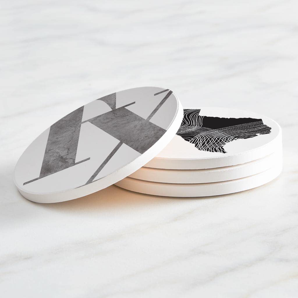 Modern Black & White Texas Set 1, Joyride Home Decor, 4 Ceramic Coasters, 4-inch Circle Drink Coasters, Set of 4, Non-Slip Cork Back, Protects Surfaces, Express Your Style.