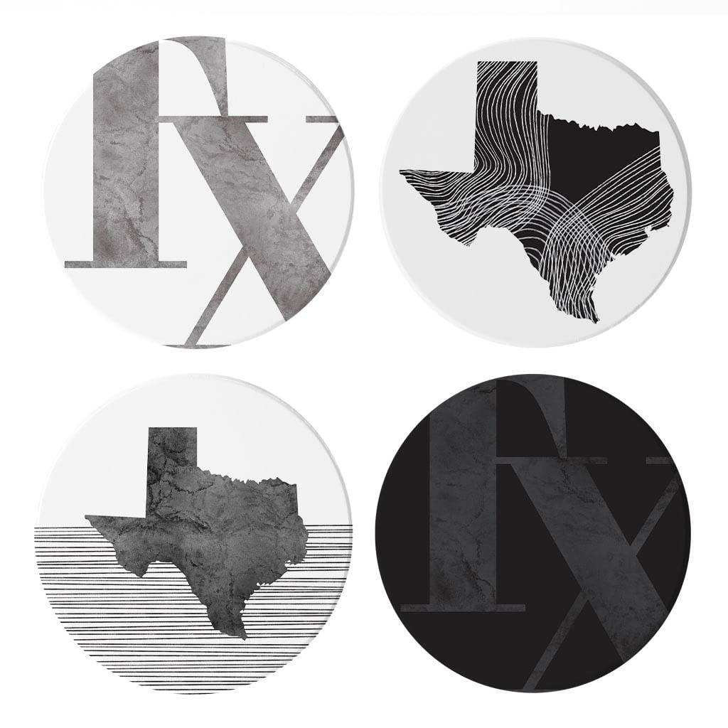 Modern Black & White Texas Set 1, Joyride Home Decor, 4 Ceramic Coasters, 4-inch Circle Drink Coasters, Set of 4, Non-Slip Cork Back, Protects Surfaces, Express Your Style.