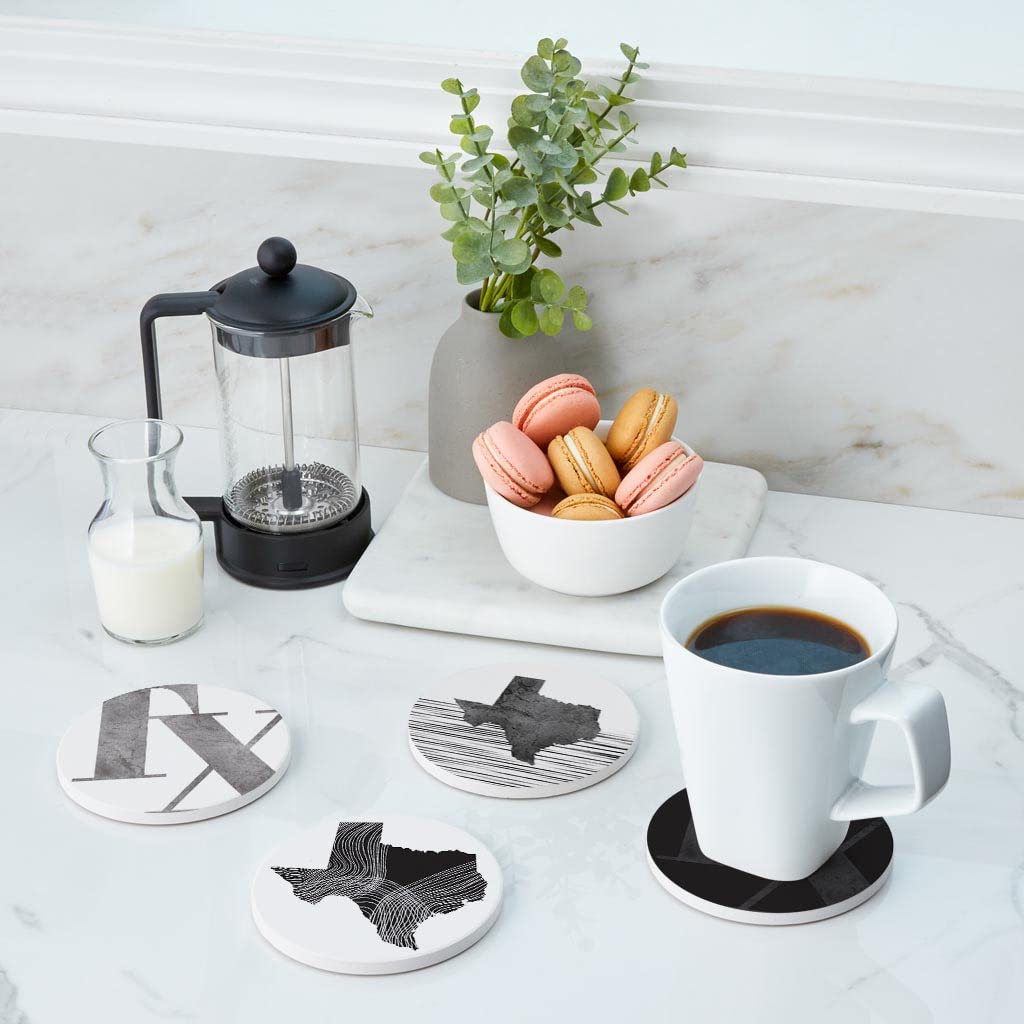 Modern Black & White Texas Set 1, Joyride Home Decor, 4 Ceramic Coasters, 4-inch Circle Drink Coasters, Set of 4, Non-Slip Cork Back, Protects Surfaces, Express Your Style.