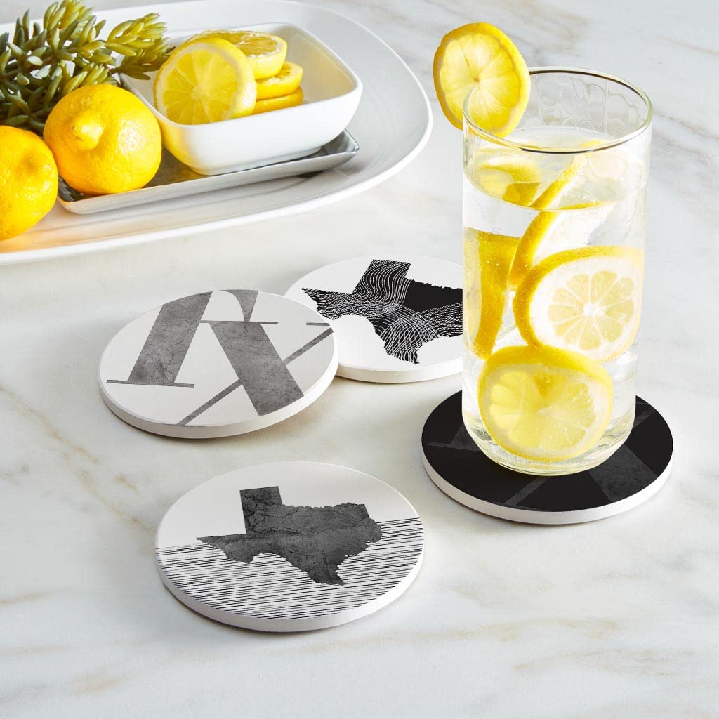 Modern Black & White Texas Set 1, Joyride Home Decor, 4 Ceramic Coasters, 4-inch Circle Drink Coasters, Set of 4, Non-Slip Cork Back, Protects Surfaces, Express Your Style.