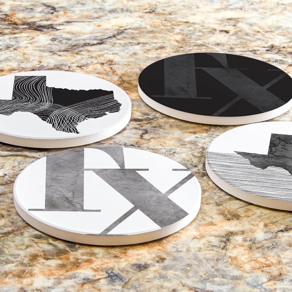 Modern Black & White Texas Set 1, Joyride Home Decor, 4 Ceramic Coasters, 4-inch Circle Drink Coasters, Set of 4, Non-Slip Cork Back, Protects Surfaces, Express Your Style.