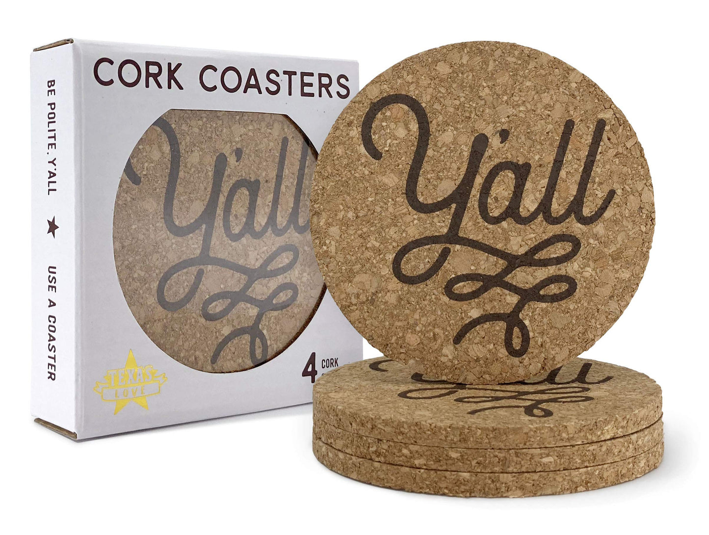 Texas Coaster Set Cork 3.5 Inch Coasters - 4 Texas Coasters Texas Gift