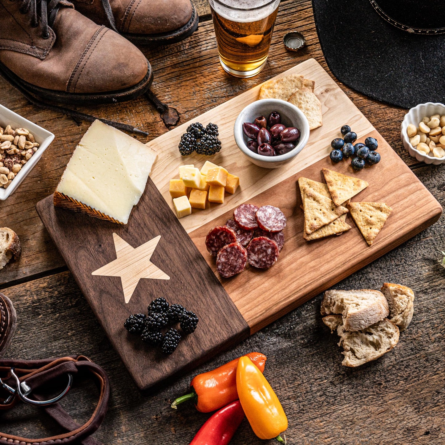 Texas Cutting Board - 100% Made in USA Hardwood Texas Flag Tray/Serving Board - Texas Decor for Home & Kitchen - Texas Charcuterie Board - Maple, Cherry, Walnut Combo (Compact Size - 12 x 8 x .875in)