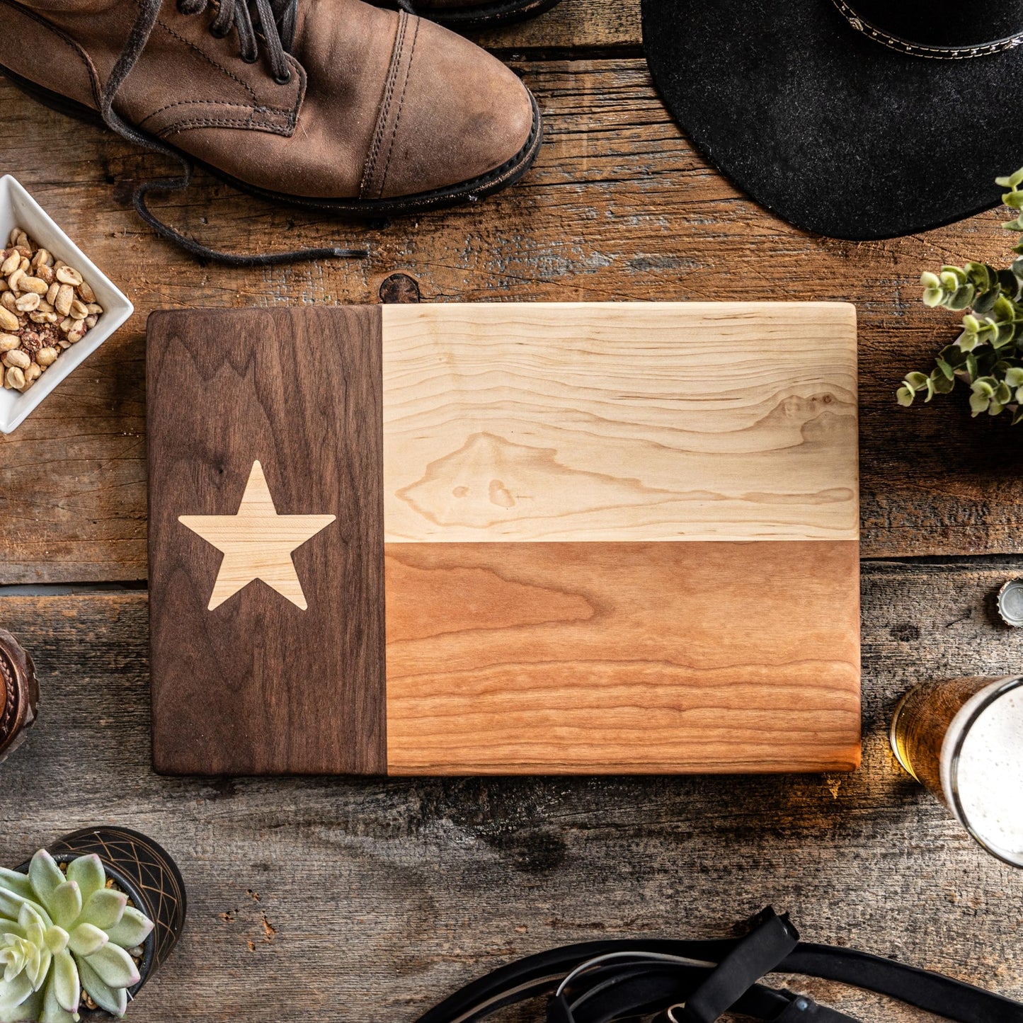 Texas Cutting Board - 100% Made in USA Hardwood Texas Flag Tray/Serving Board - Texas Decor for Home & Kitchen - Texas Charcuterie Board - Maple, Cherry, Walnut Combo (Compact Size - 12 x 8 x .875in)