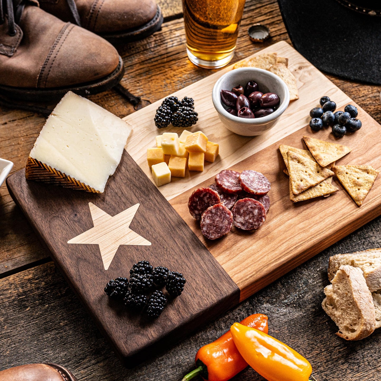 Texas Cutting Board - 100% Made in USA Hardwood Texas Flag Tray/Serving Board - Texas Decor for Home & Kitchen - Texas Charcuterie Board - Maple, Cherry, Walnut Combo (Compact Size - 12 x 8 x .875in)